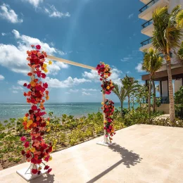 Beach wedding setup at Hilton Cancun.