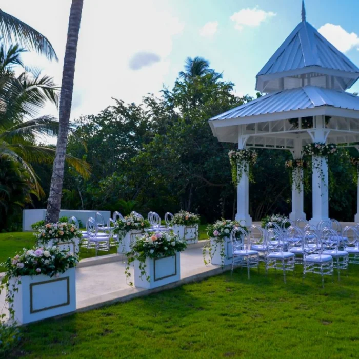 Ceremony decor at the garden gazebo at Secrets La Romana