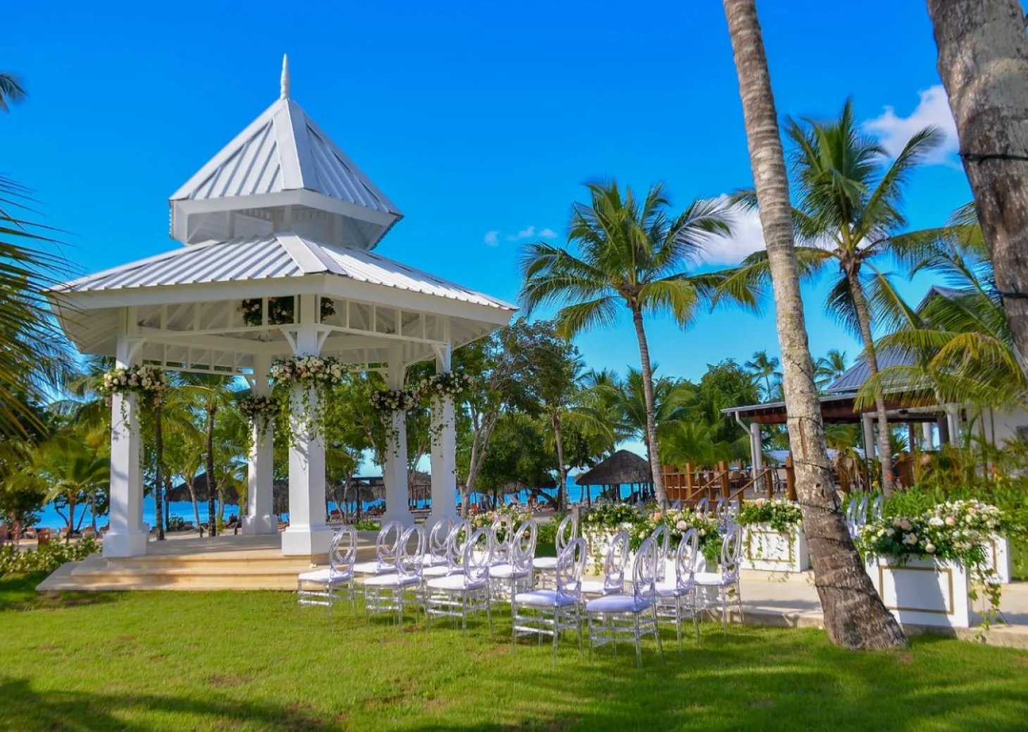 Ceremony decor on garden gazebo at hilton la romana