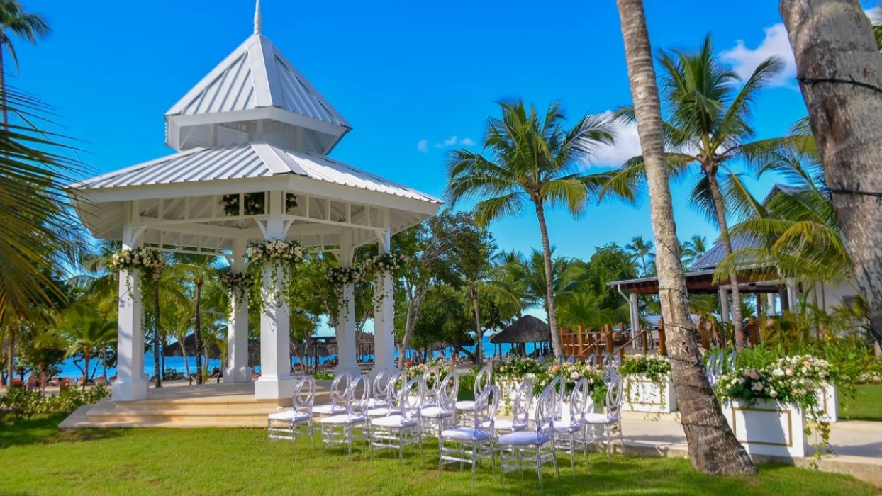 Ceremony decor on garden gazebo at hilton la romana