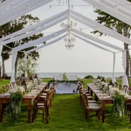 reception dinner setup on the sunset garden at Secrets La Romana