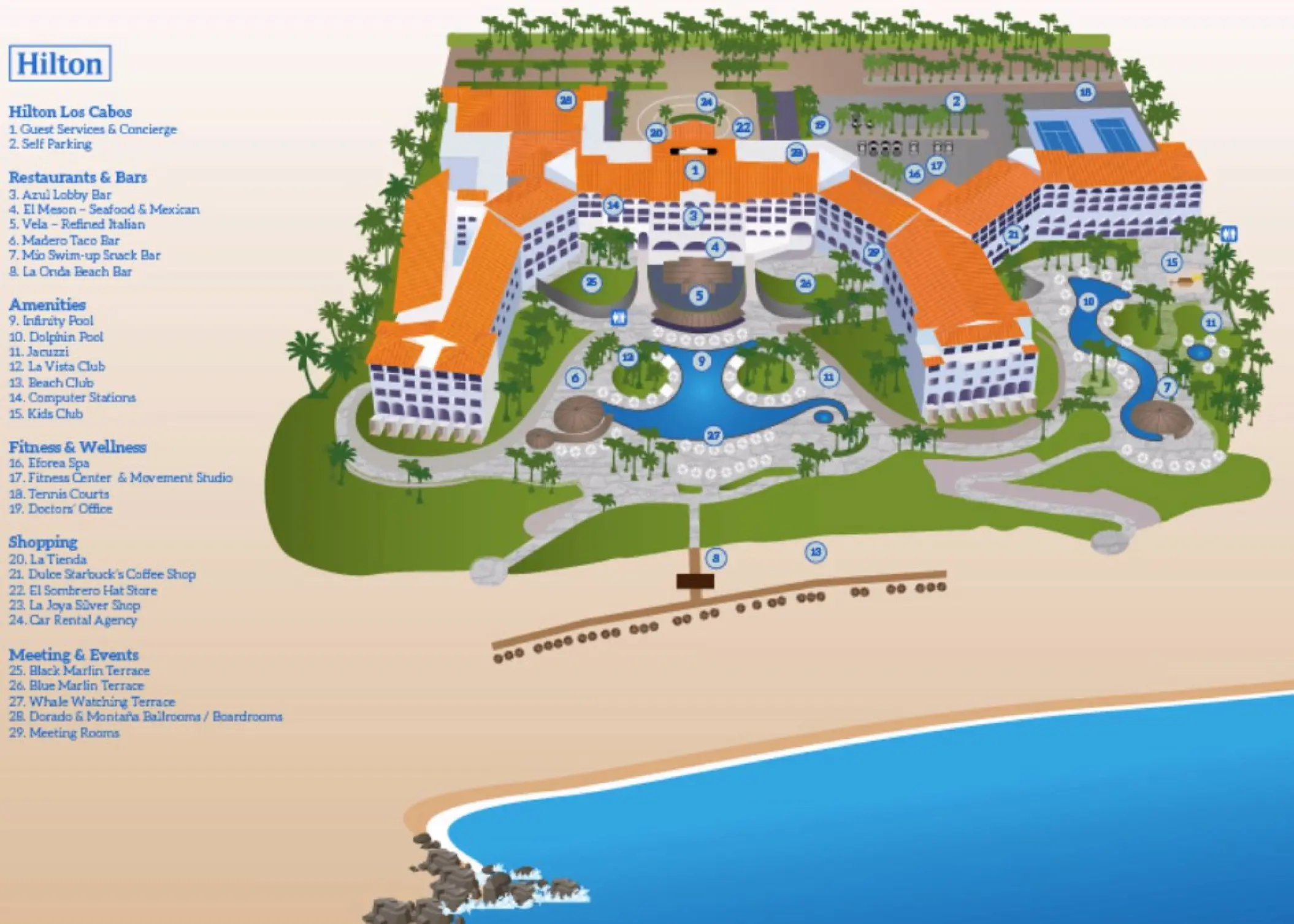 Property map of Hilton Los Cabos showing pools, restaurants, and amenities in Cabo San Lucas