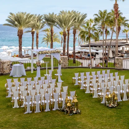 Ceremony decor on the black and blue marlin terrace at Hilton Los Cabos Beach and Golf