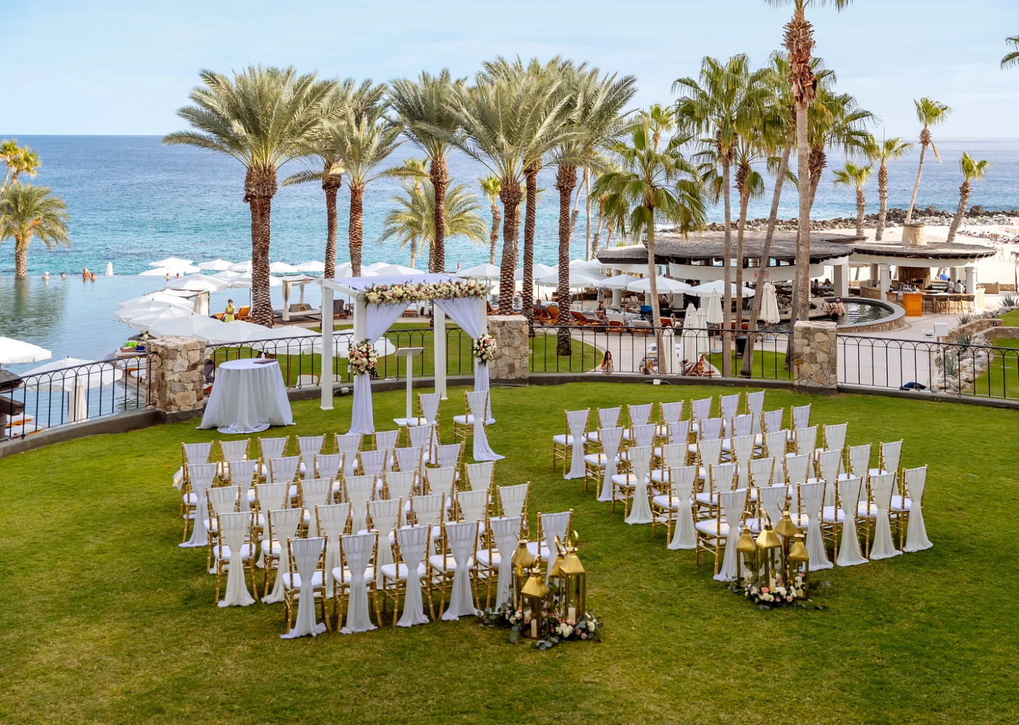 Ceremony decor on the black and blue marlin terrace at Hilton Los Cabos Beach and Golf