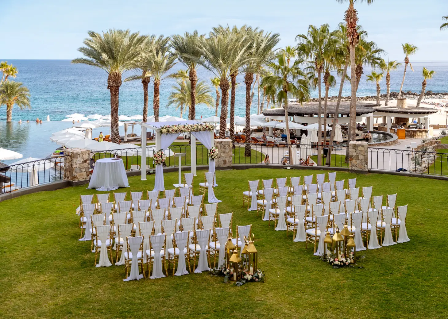 Outdoor wedding ceremony setup on the Black Marlin Terrace at Hilton Los Cabos, Cabo San Lucas