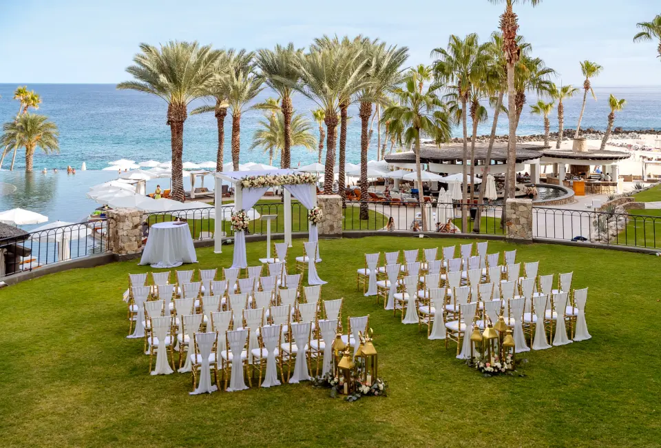 Ceremony decor on the black and blue marlin terrace at Hilton Los Cabos Beach and Golf