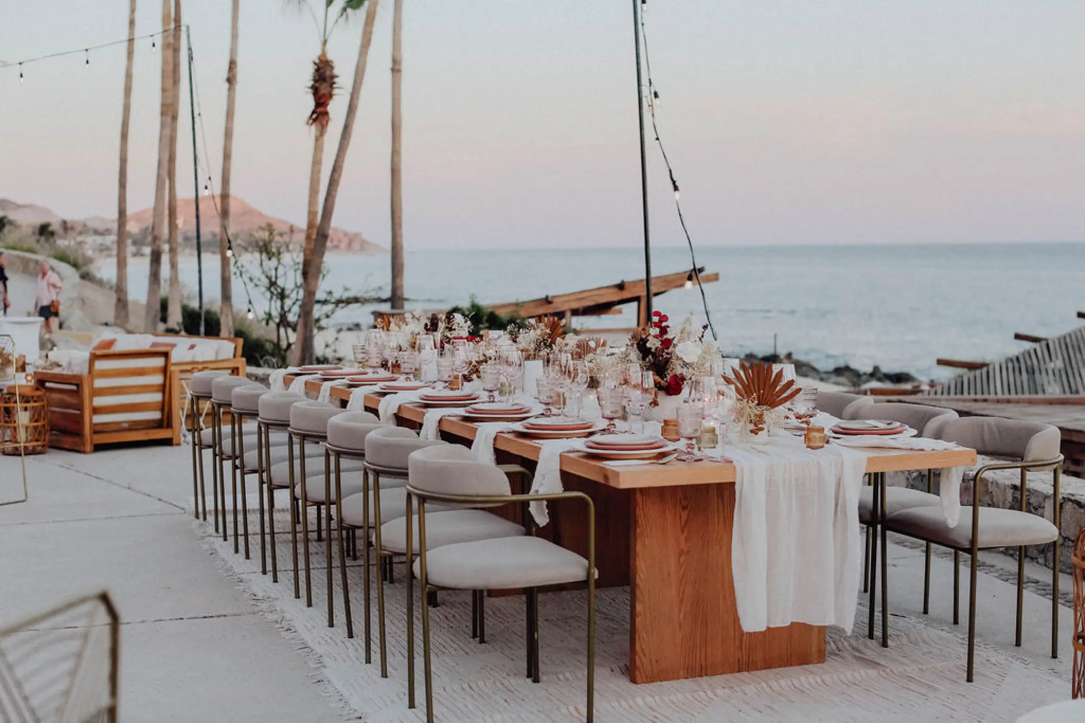 Outdoor wedding reception setup on the Whale Watching Terrace at Hilton Los Cabos, Cabo San Lucas