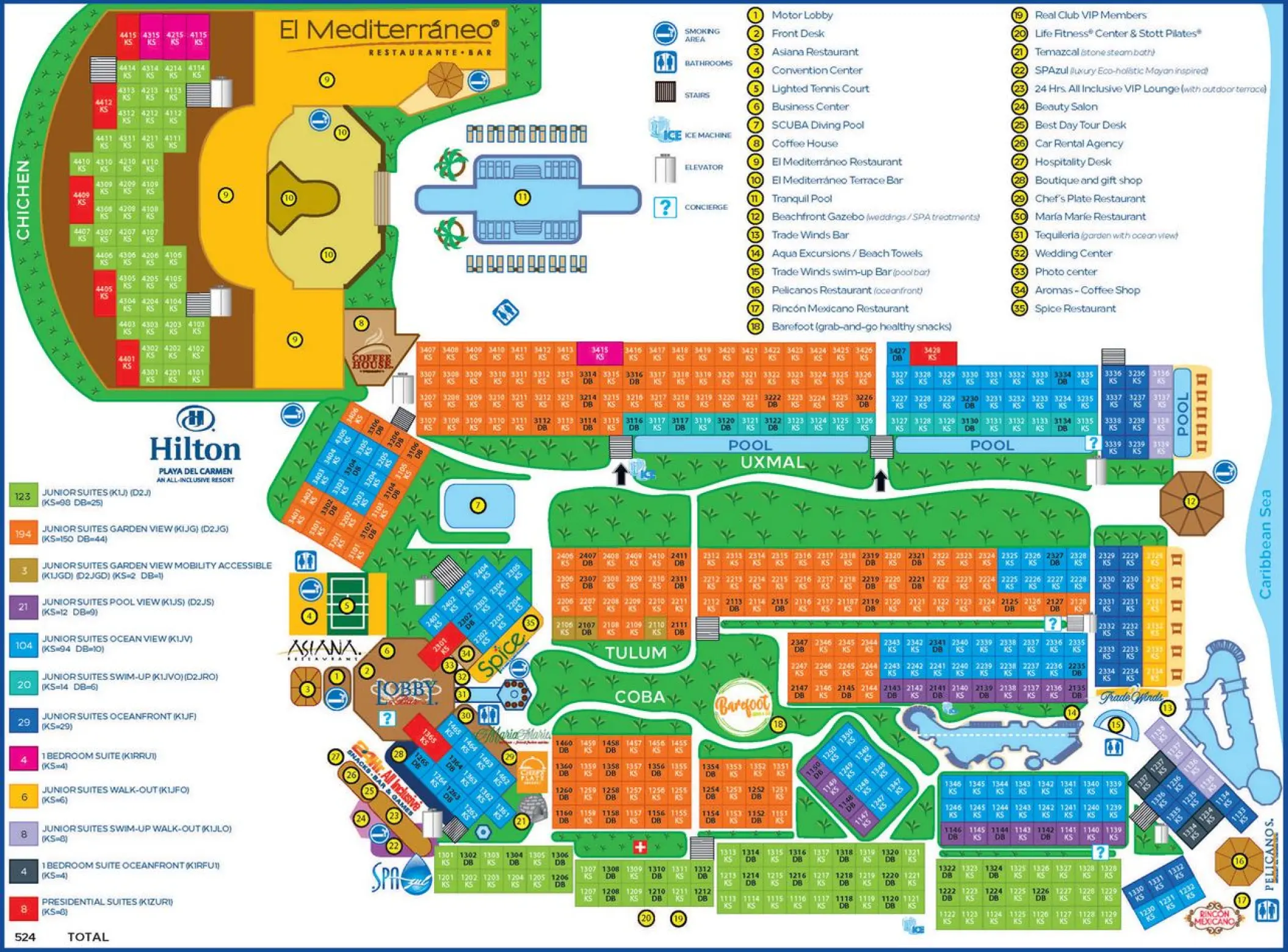 Map of Hilton Playa del Carmen property layout and amenities in Playa Del Carmen