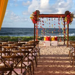 Beach wedding venue setup at Hilton Tulum.