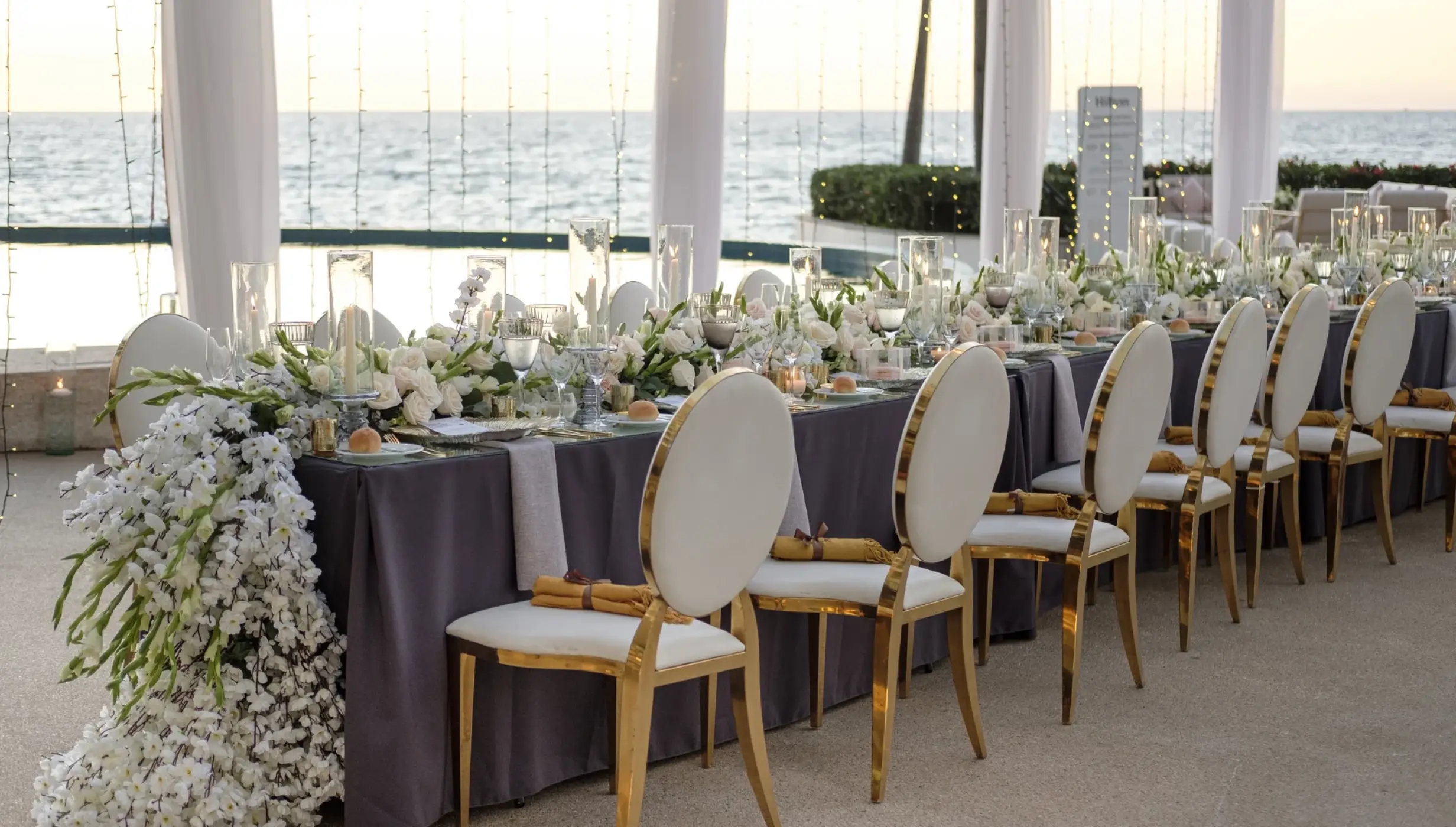 Dinner reception decor on the wedding venue at Hilton Vallarta Riviera