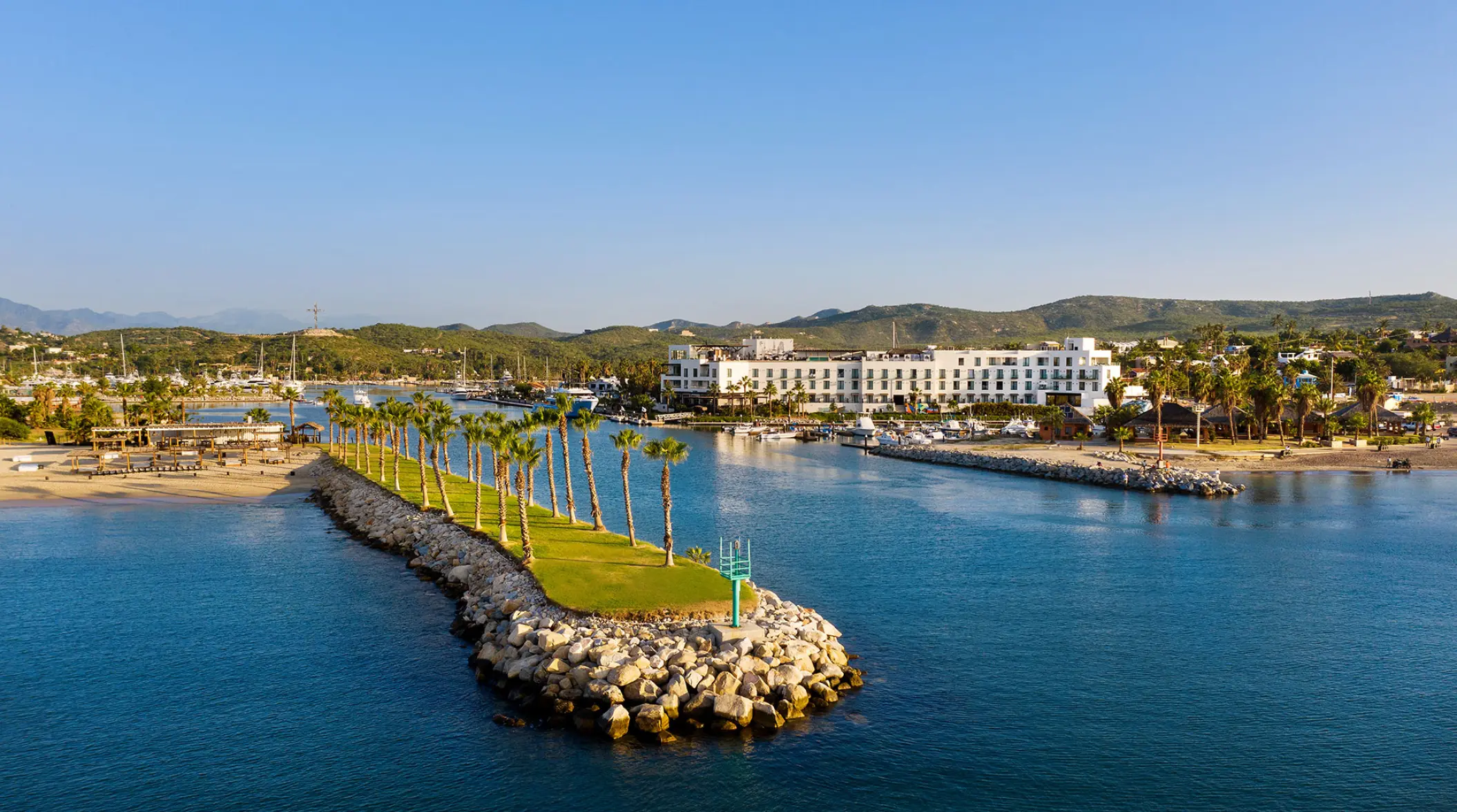 Aerial view of Hotel El Ganzo and the marina entrance, Cabo San Lucas