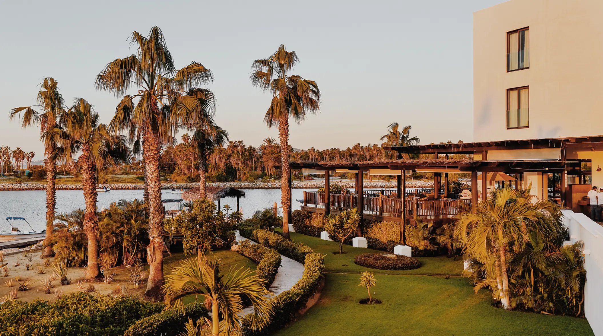 Hotel El Ganzo garden terrace and outdoor dining area by the water, Cabo San Lucas