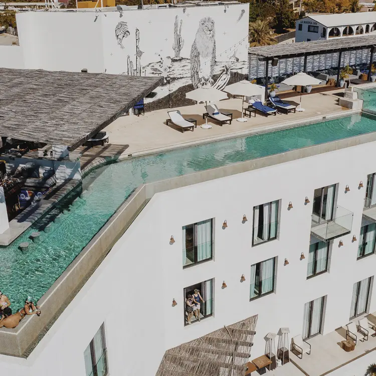 Rooftop glass-walled infinity pool at Hotel El Ganzo, Cabo San Lucas