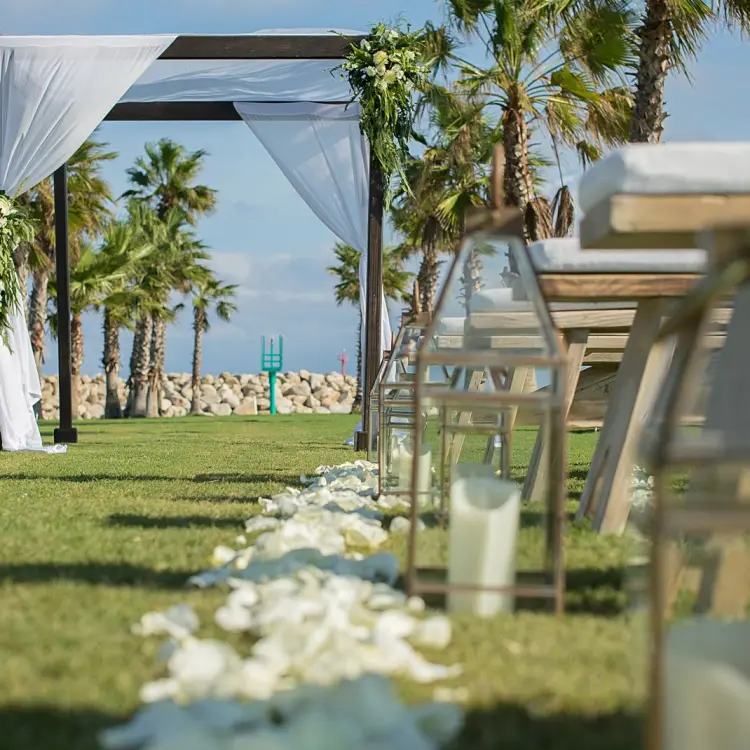 Outdoor wedding ceremony setup with flower petals and lanterns on the lawn at Hotel El Ganzo, Cabo San Lucas