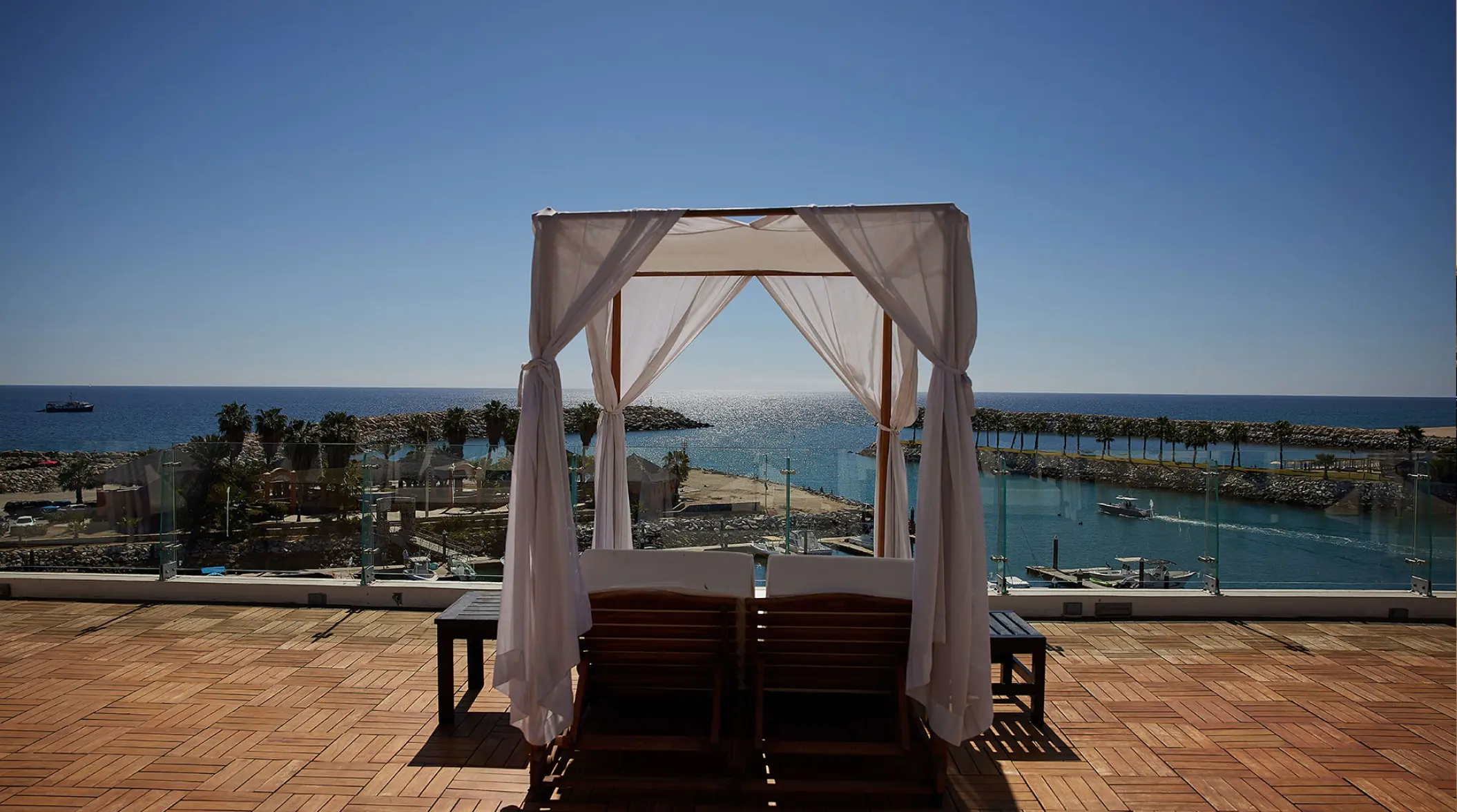 Rooftop cabana at Hotel El Ganzo overlooking the marina, Cabo San Lucas