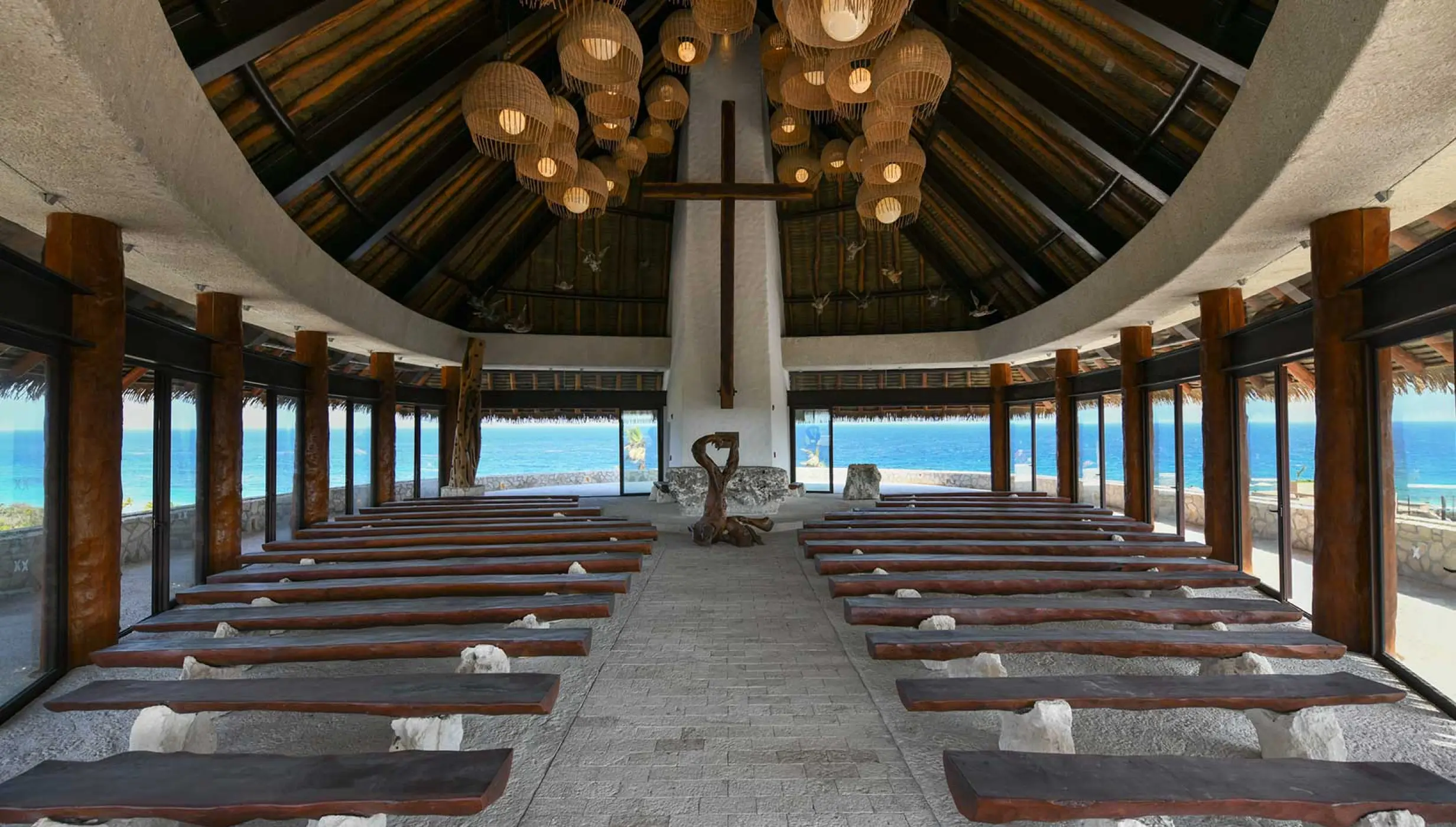 church wedding chapel venue seating and altar at Hotel Xcaret Mexico