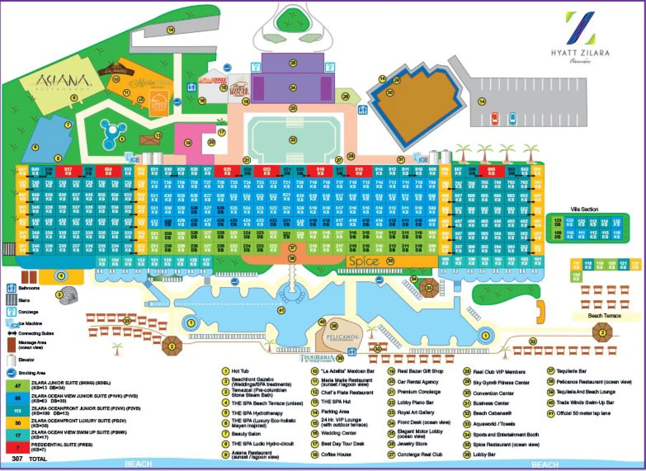 Map of Hyatt Zilara Cancun showing guest rooms, pools, and resort amenities in Cancun