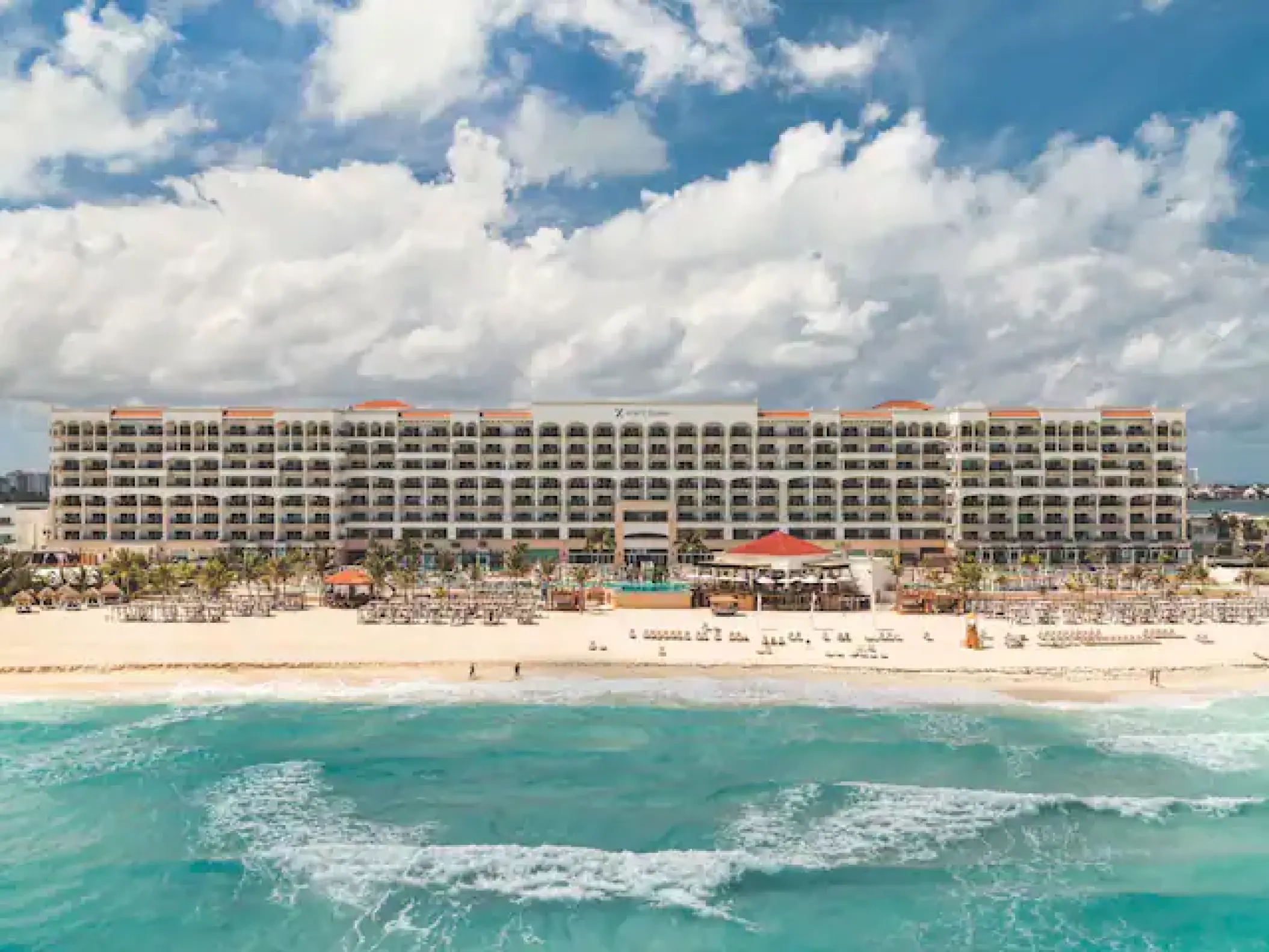Aerial view of Hyatt Zilara Cancun exterior facing the white sand beach and turquoise ocean, Cancun