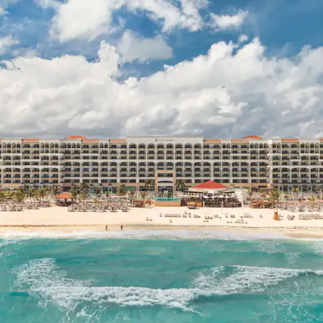 Aerial view of Hyatt Zilara Cancun exterior facing the white sand beach and turquoise ocean, Cancun