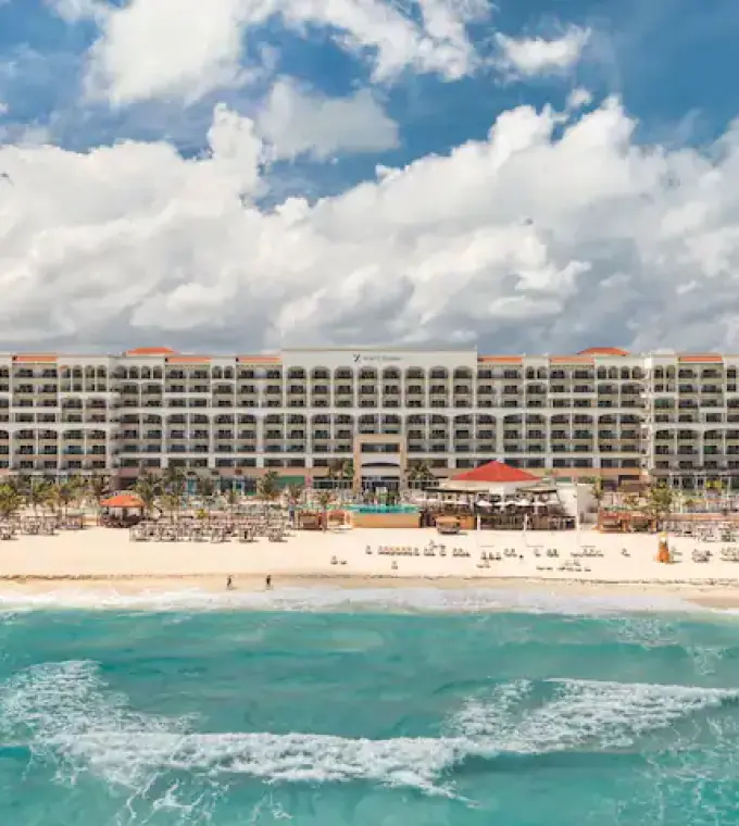 Aerial view of Hyatt Zilara Cancun exterior facing the white sand beach and turquoise ocean, Cancun