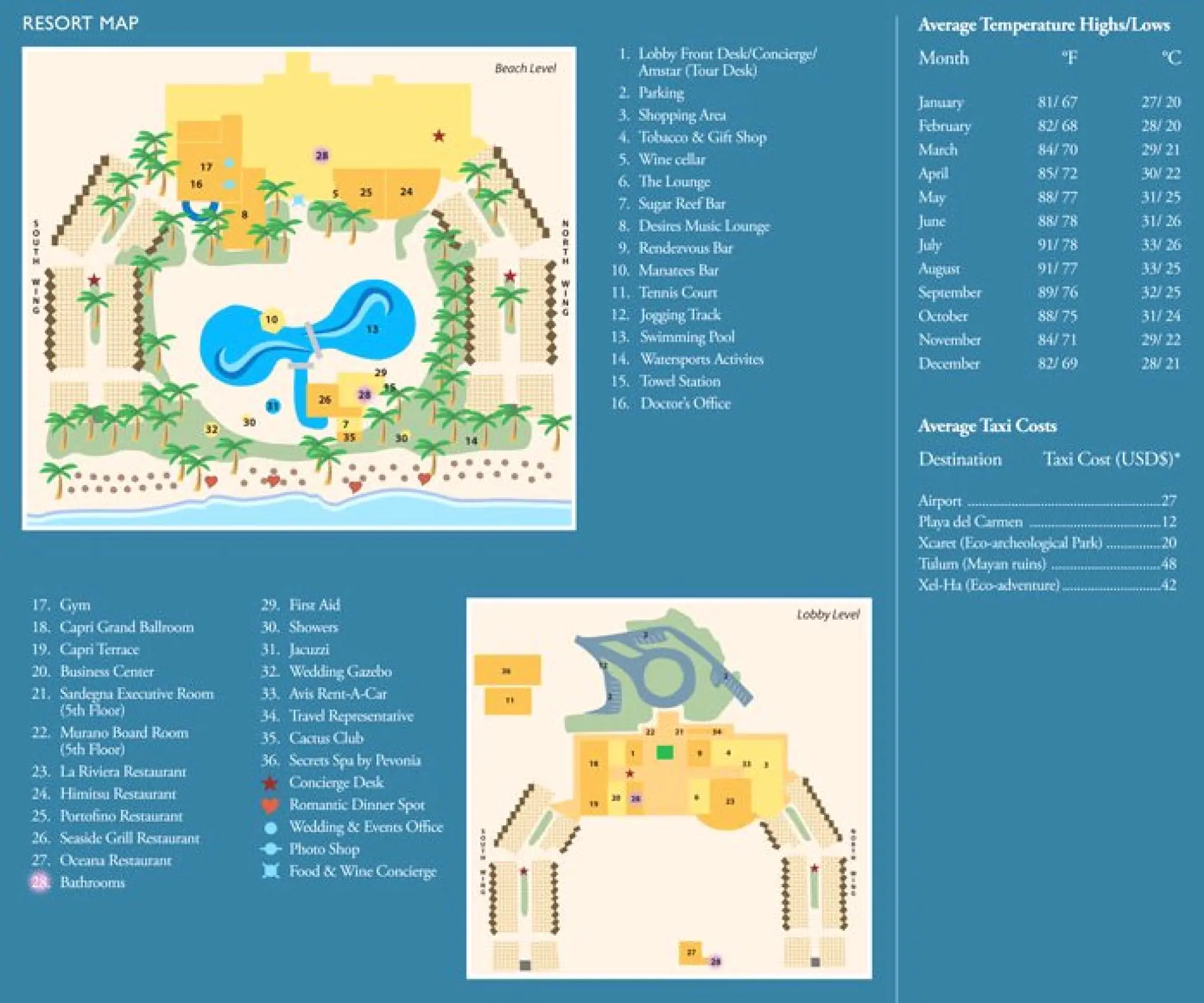 Map of Hyatt Zilara Riviera Maya including resort grounds, building layouts, and local weather information