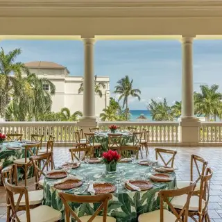Grand Ballroom terrace wedding reception with tropical linens at Hyatt Zilara Rose Hall, Montego Bay