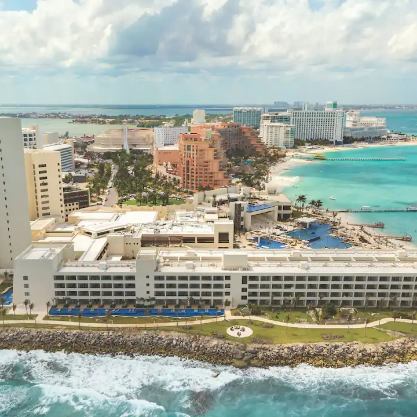 Aerial view of Hyatt Ziva Cancun surrounded by turquoise Caribbean waters, Cancun