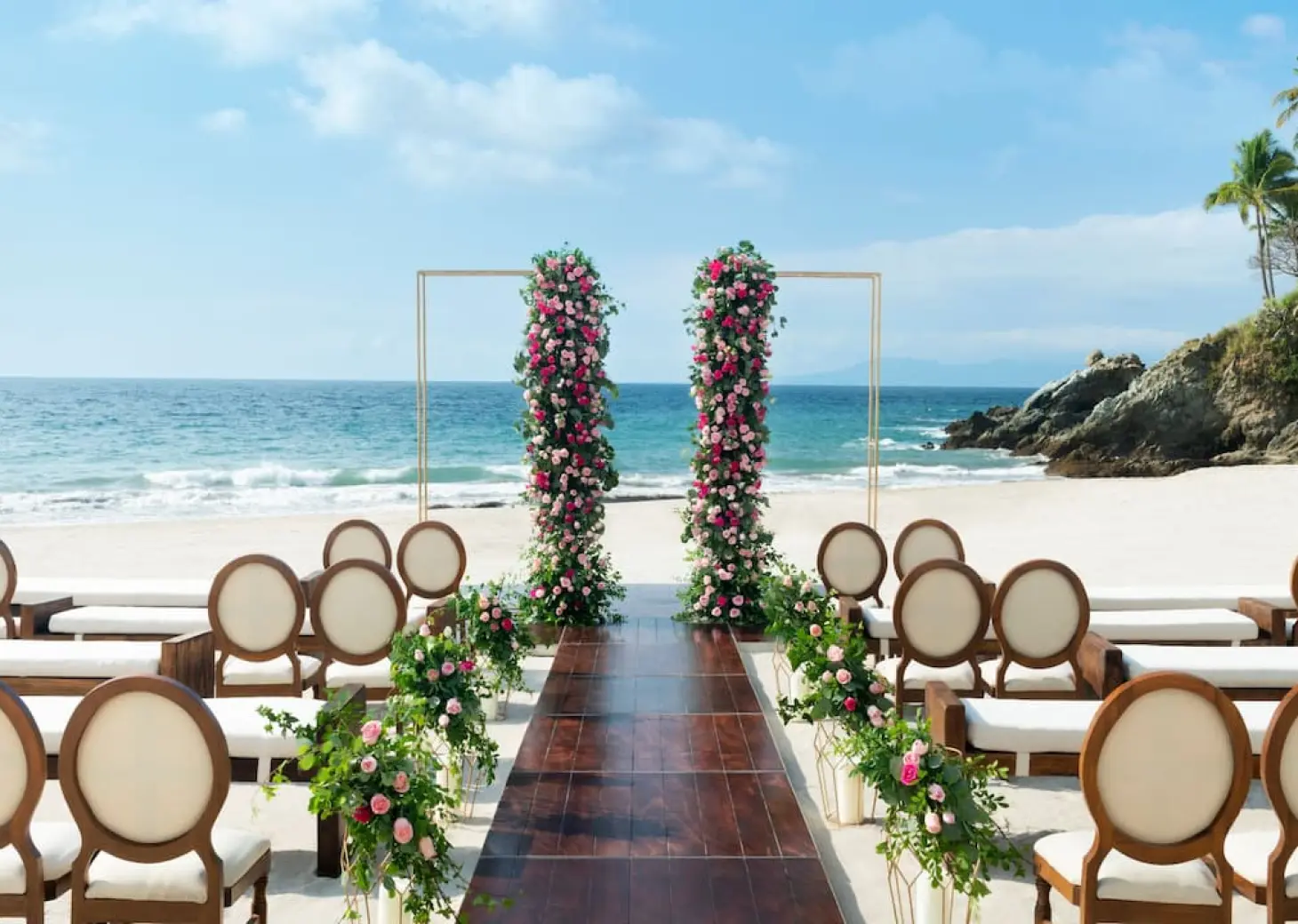 Wedding ceremony decor on the beach wedding venue at Hyatt Ziva Puerto Vallarta