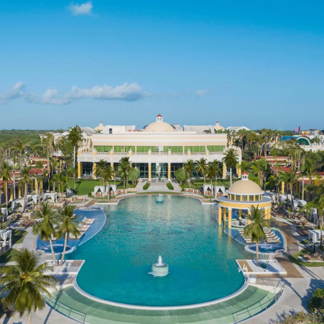 Iberostar Grand Paraiso resort and pool arial view