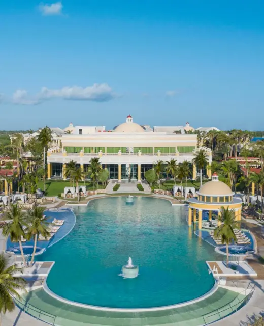 Iberostar Grand Paraiso resort and pool arial view