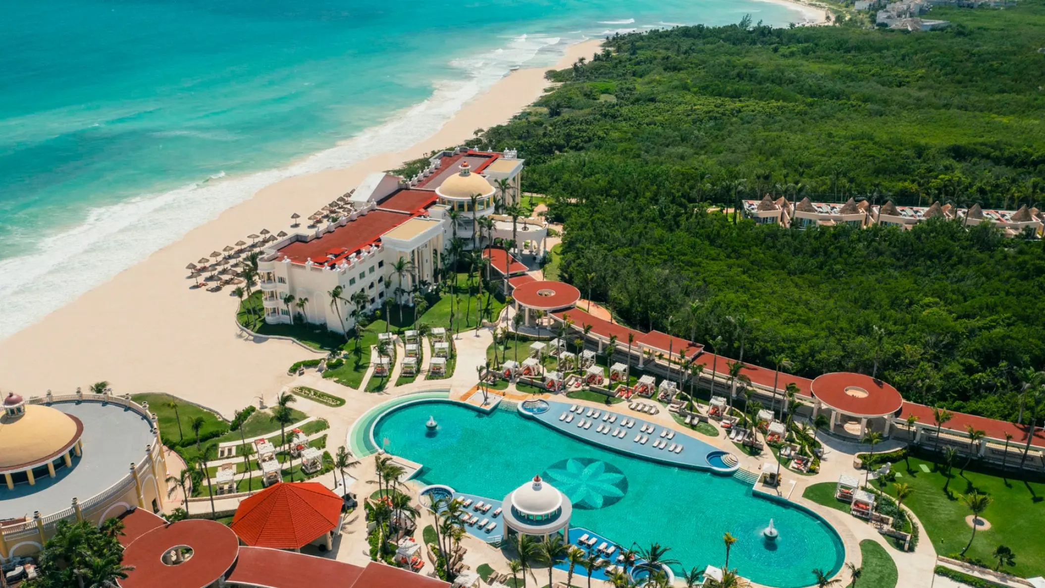 Aerial view of JOIA Paraiso by Iberostar beach, pool, and grounds, Riviera Maya