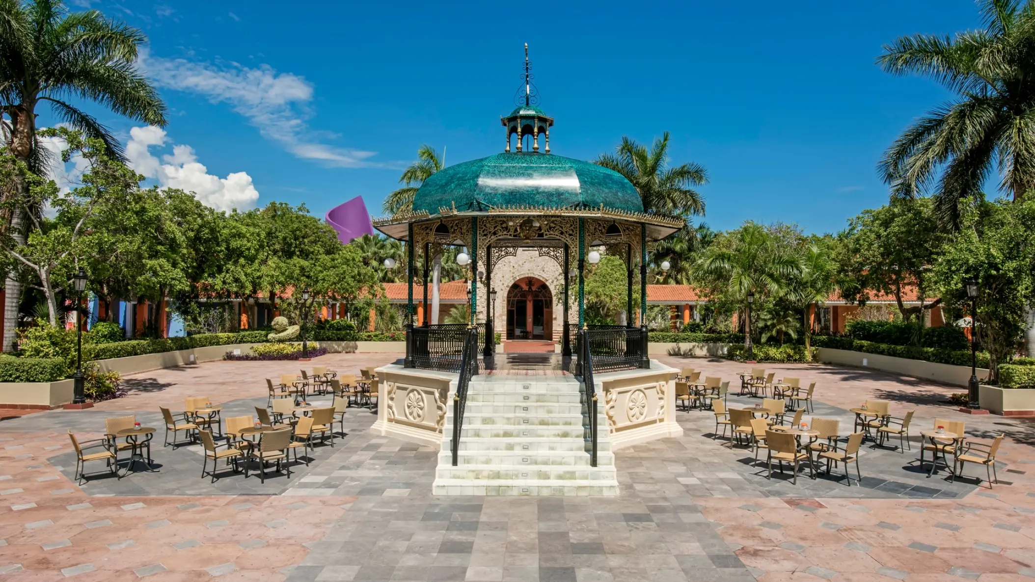 Ornate gazebo and outdoor plaza seating at Iberostar Paraiso Beach, Riviera Maya