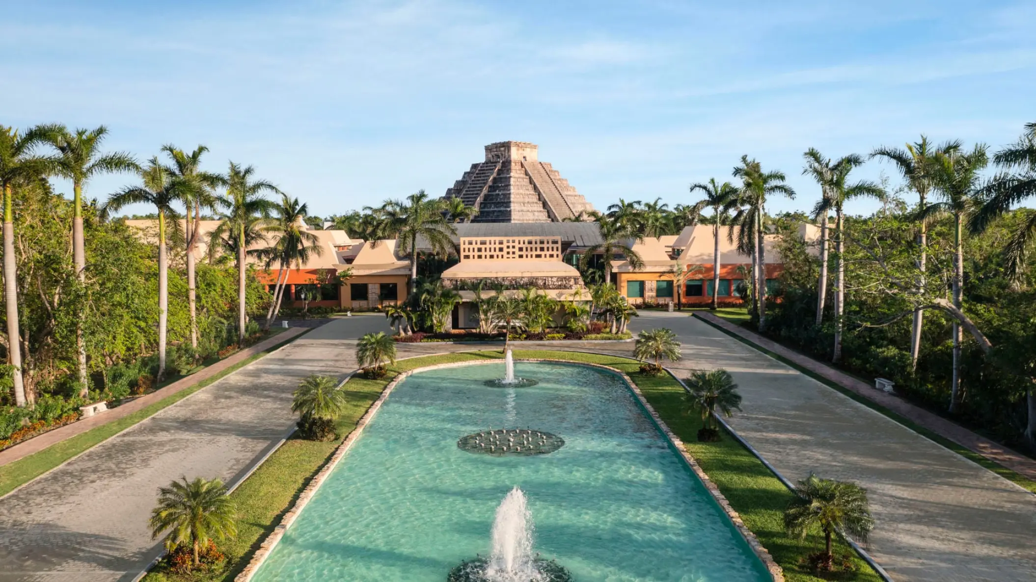 Iberostar Paraiso Maya main entrance with Mayan-style pyramid and reflection pool, Riviera Maya