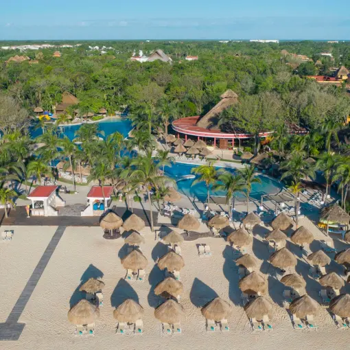 Aerial view of the beach and pools at Iberostar Waves Quetzal, Playa Del Carmen