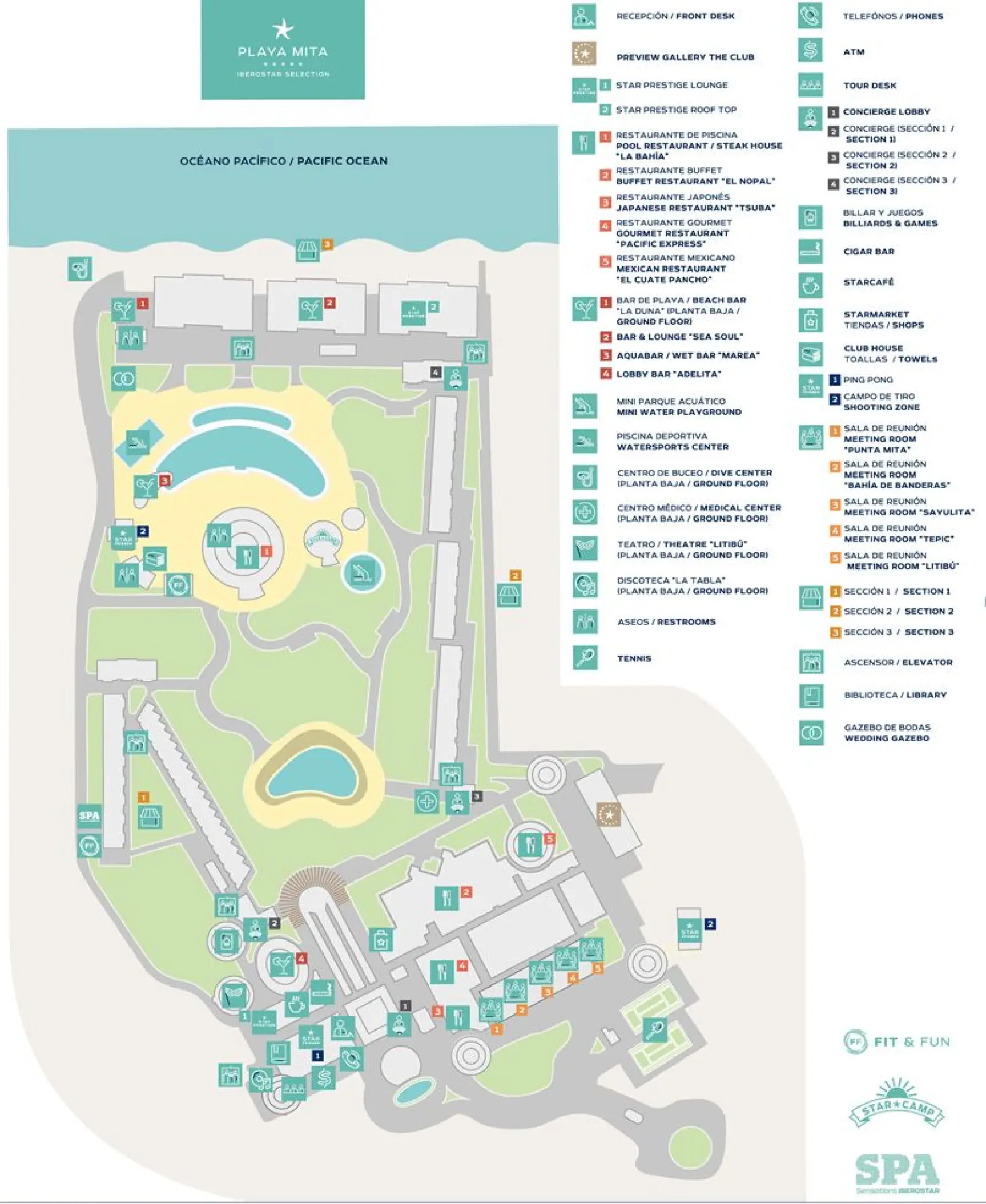 Map of Iberostar Selection Playa Mita in Puerto Vallarta showing pools, restaurants, and beachfront facilities