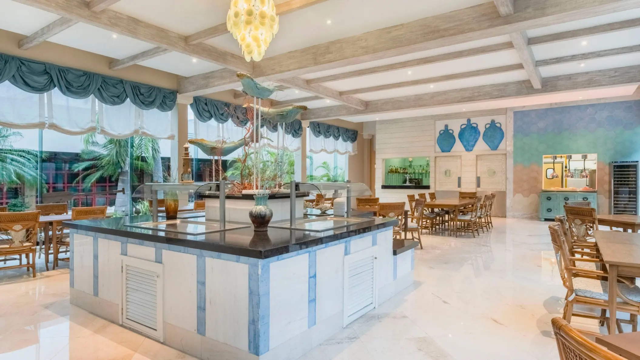 Buffet station and wooden dining tables at Iberostar Waves Tucan, Playa Del Carmen