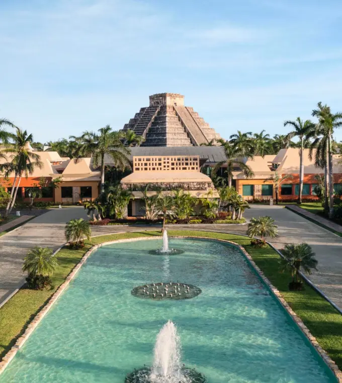 Iberostar Selection Paraiso Maya Mayan-style pyramid and fountain pool, Riviera Maya