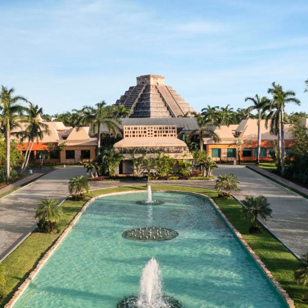 Iberostar Selection Paraiso Maya Mayan-style pyramid and fountain pool, Riviera Maya