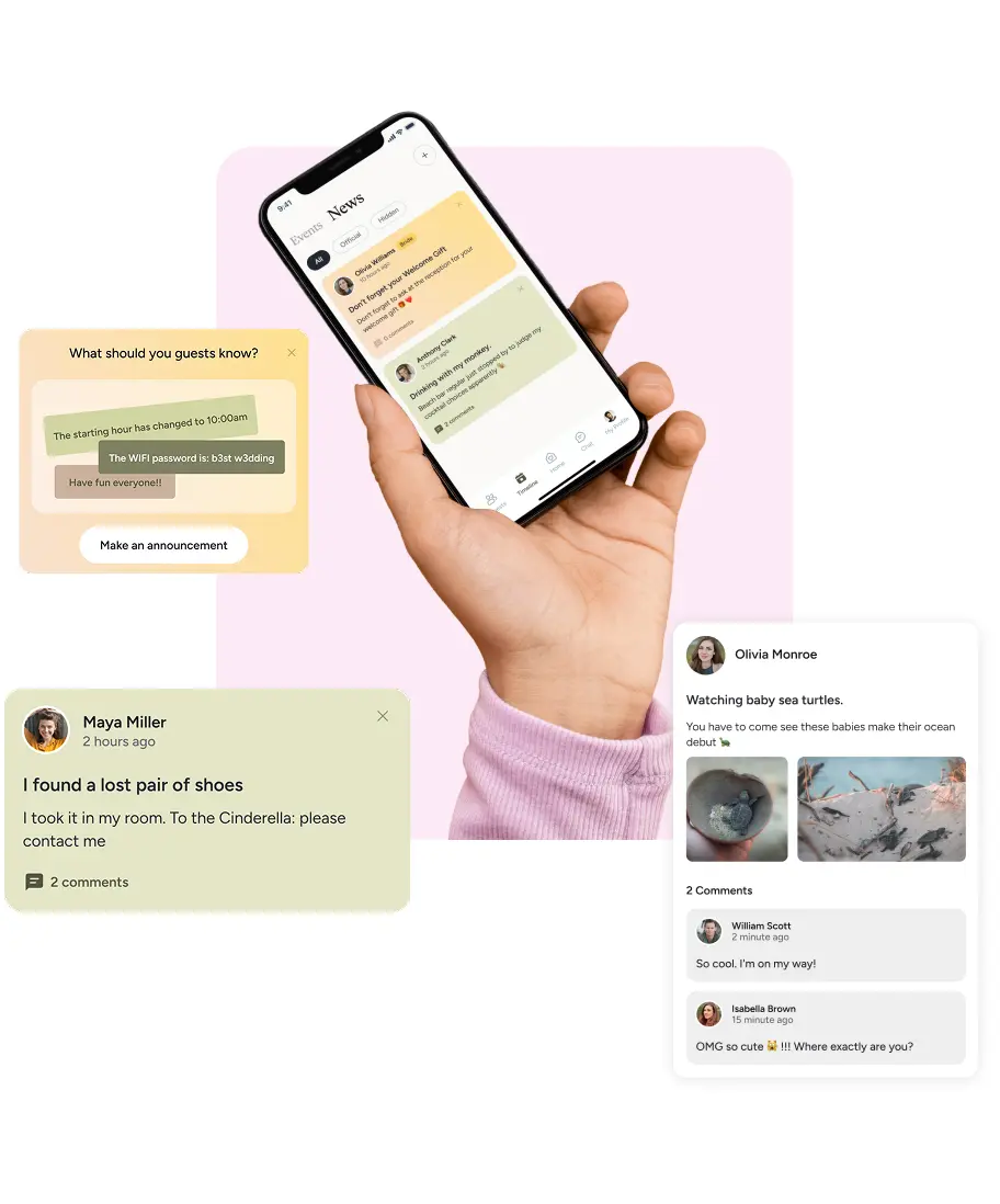 A wedding planning mobile app with guest announcements and chat features