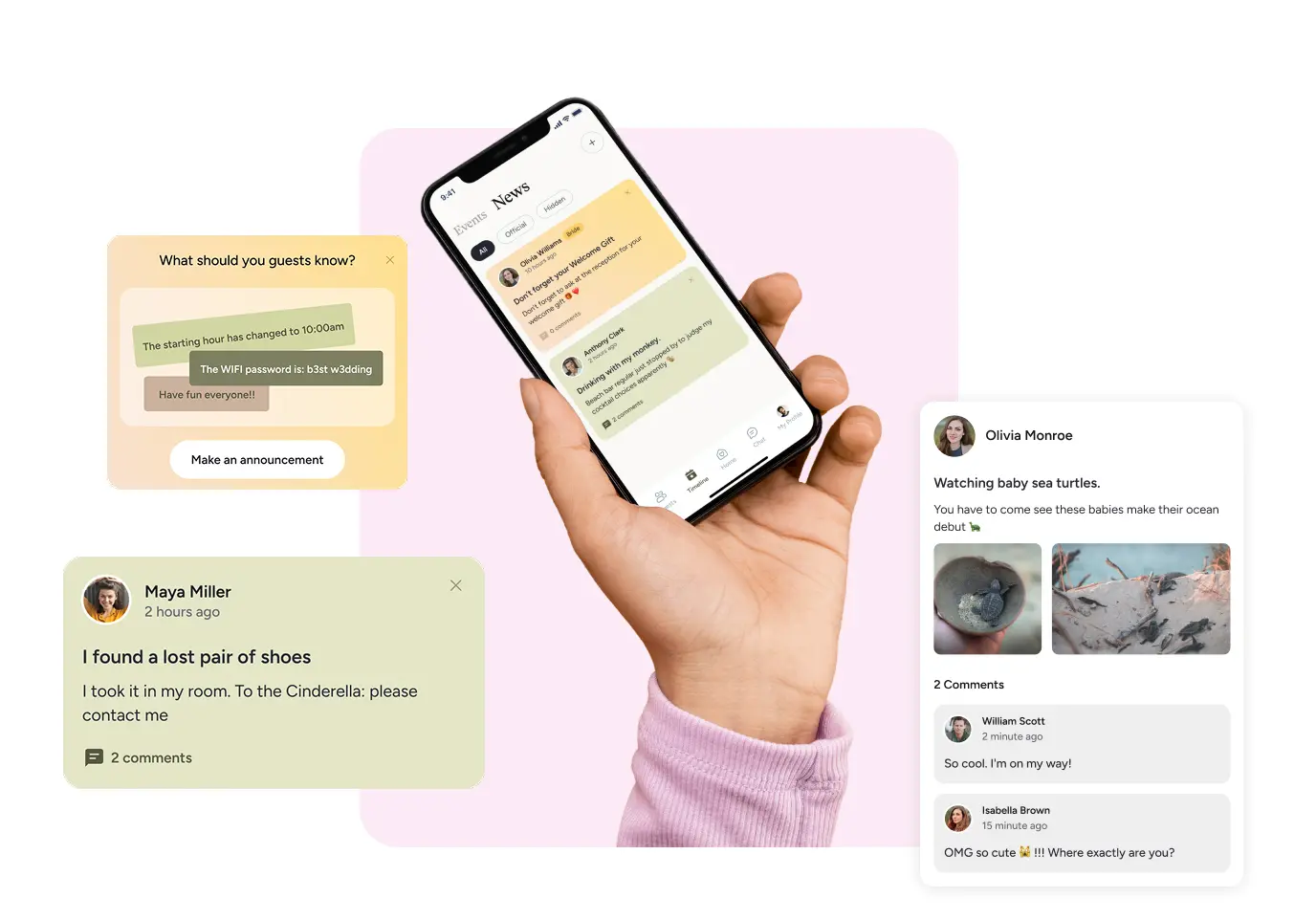 A mobile wedding planning app with guest announcements and a chat interface