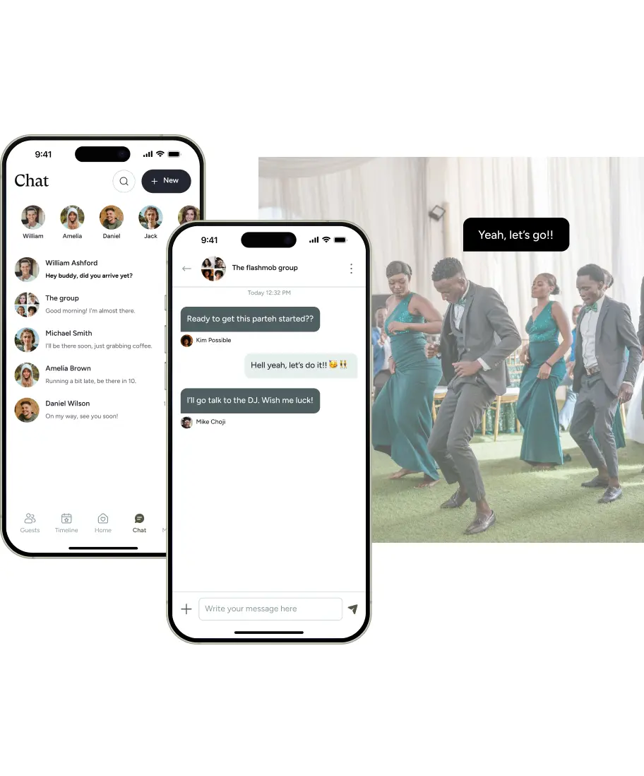 A mobile wedding chat app next to a photo of wedding guests dancing