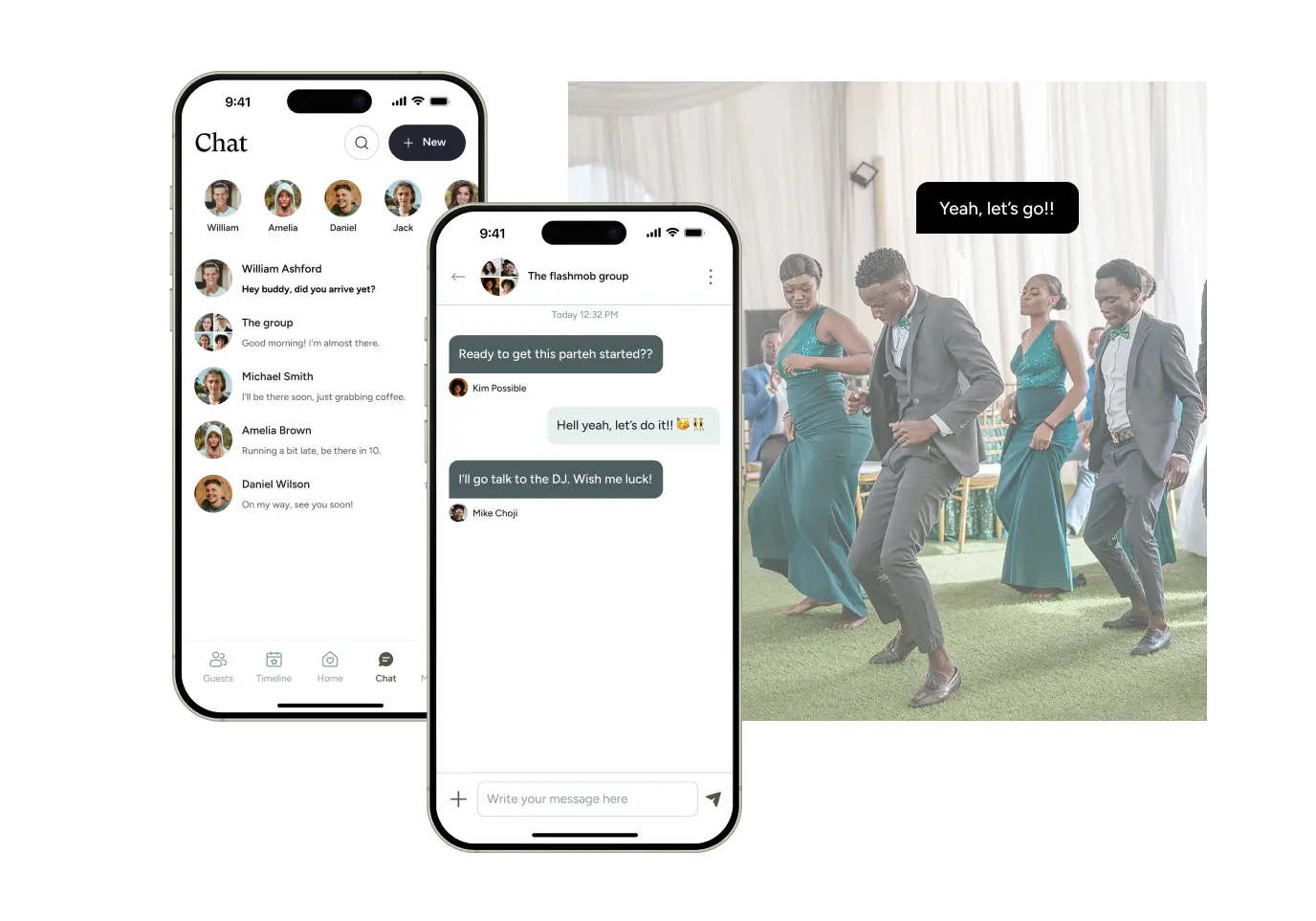 Mobile app interface showing wedding chat group with a photo of a bridal party dancing