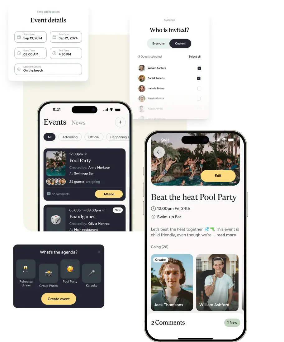 A wedding planning mobile app showing event details, guest lists, and a pool party itinerary