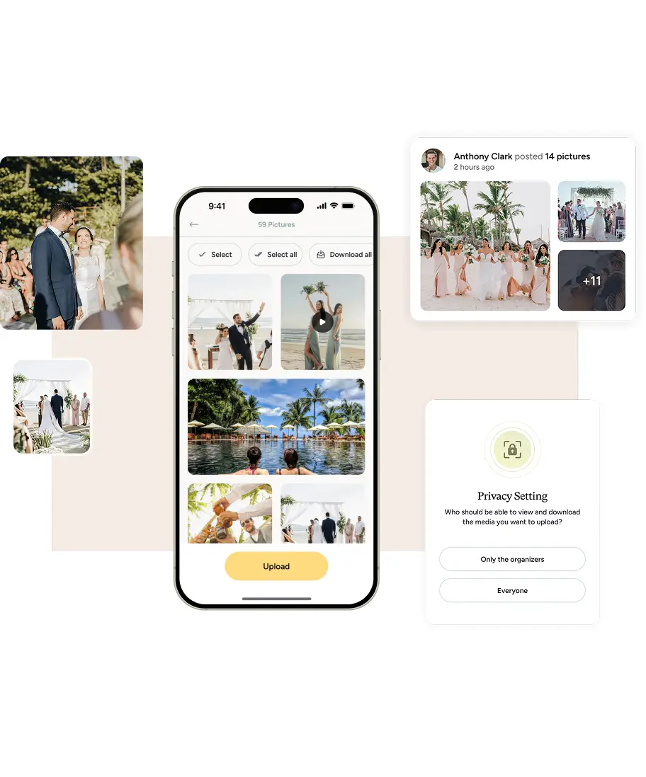 A mobile wedding photo gallery app and privacy settings panel