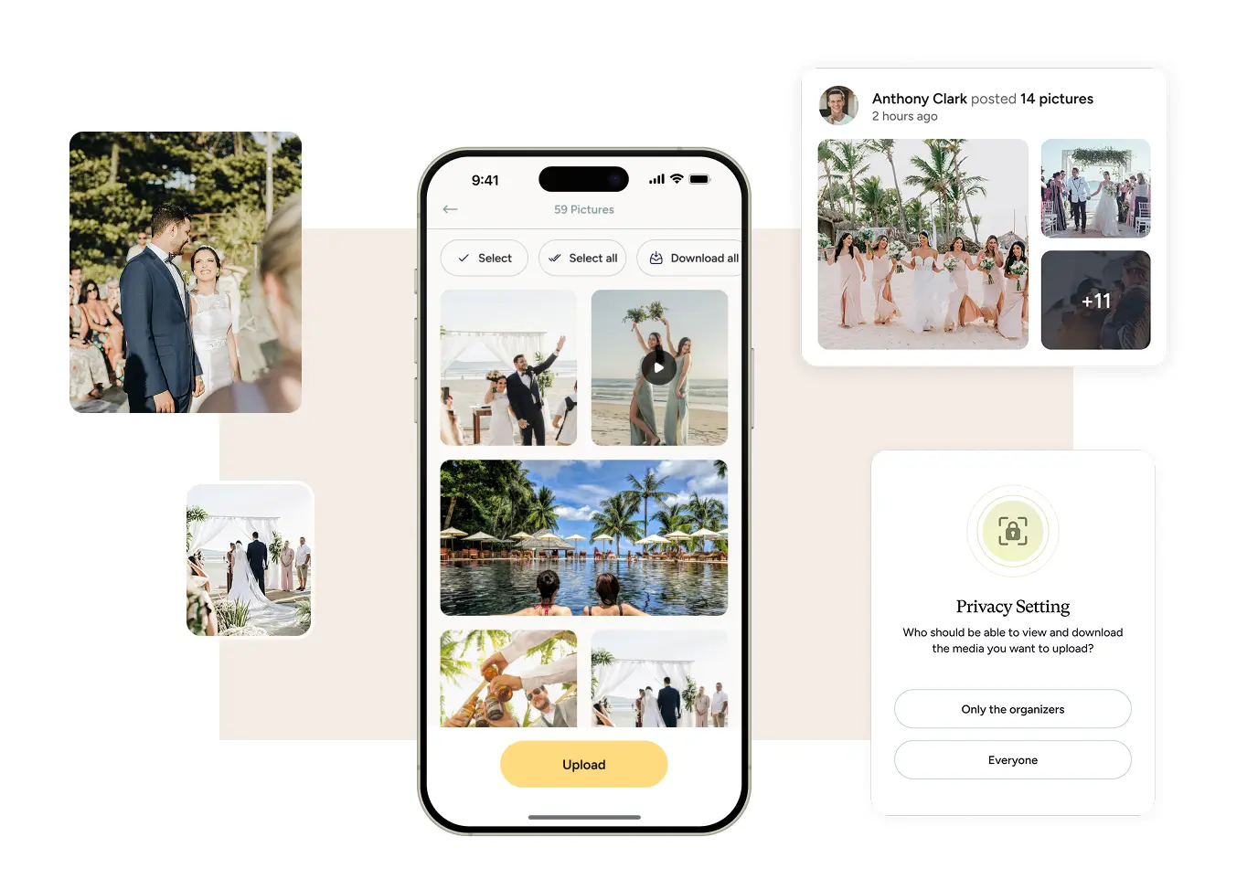 A mobile app displaying wedding photos, a shared gallery, and privacy settings