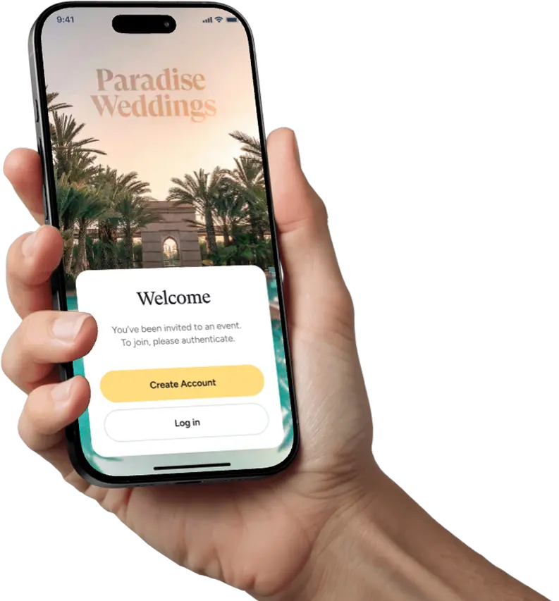 Hand holding an iPhone showing the Paradise Weddings welcome and login screen against a white background