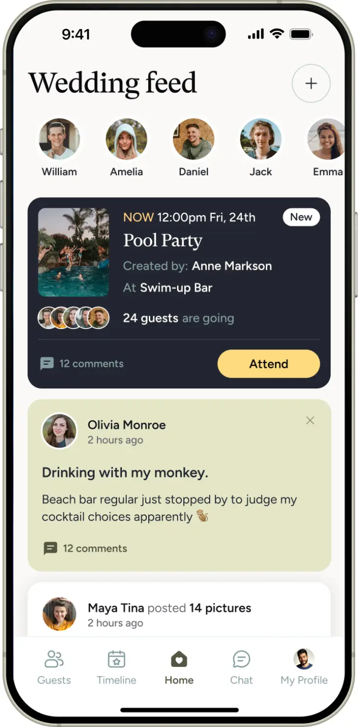 A wedding feed mobile app showing event details for a pool party and guest social posts