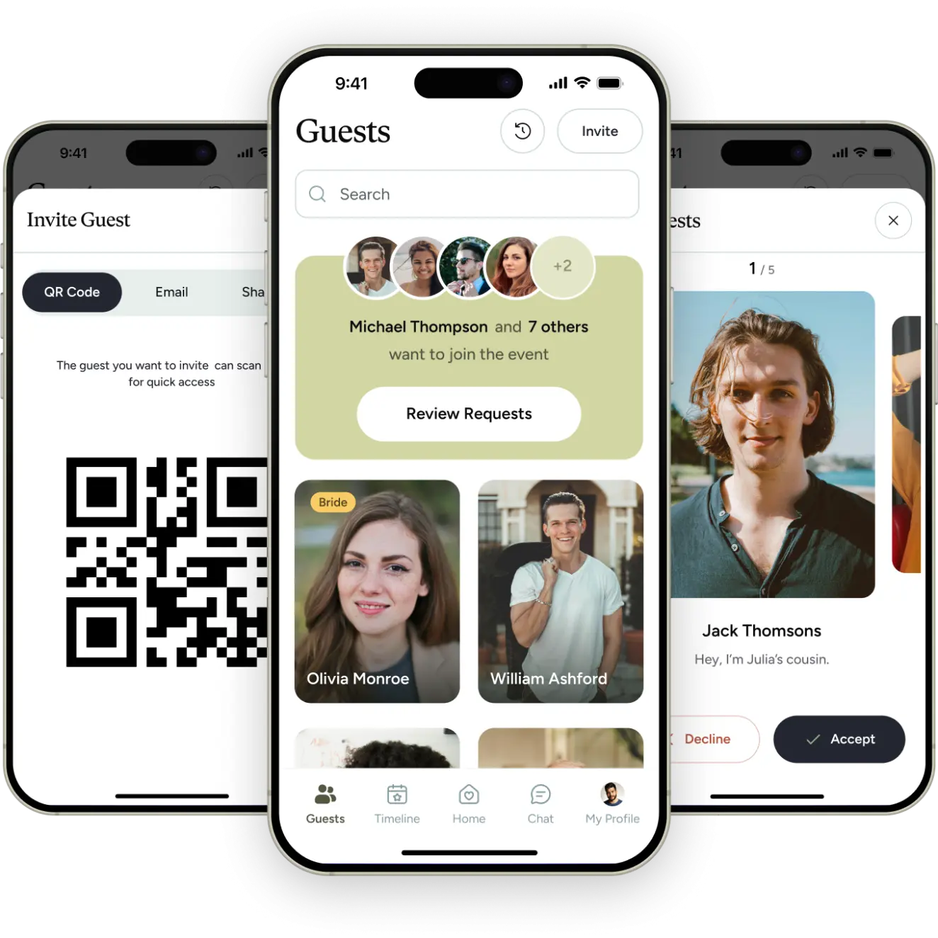 Three smartphone displays showing a wedding guest list app with a QR code and guest profiles