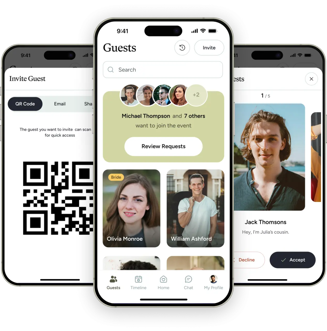 Three smartphone displays showing a wedding guest list app with a QR code and guest profiles