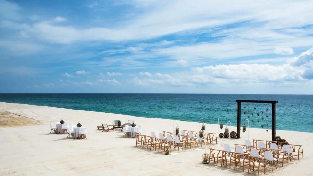 Ceremony decor on the blanc beach wedding venue at Le Blanc Spa Resort Los Cabos